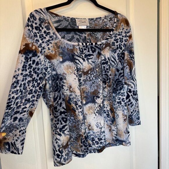 Vintage Animal Print Top Blue Brown Abstract Size Large - Picture 3 of 7